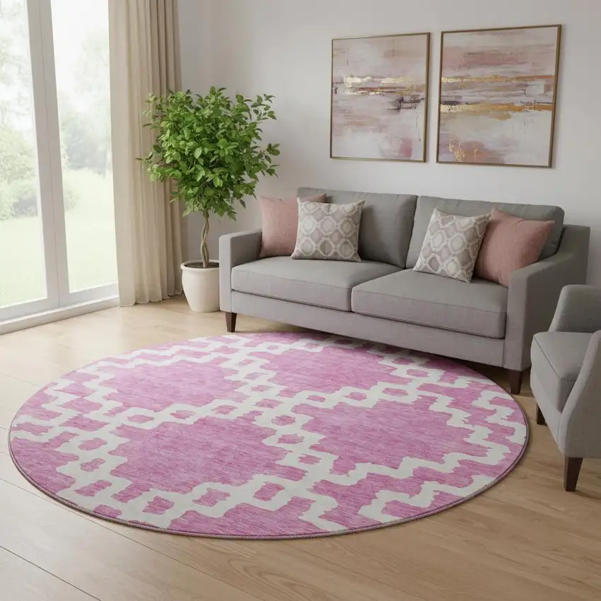 8' Blush And Ivory Abstract Geometric Washable Round Rug With UV Protection Photo 1