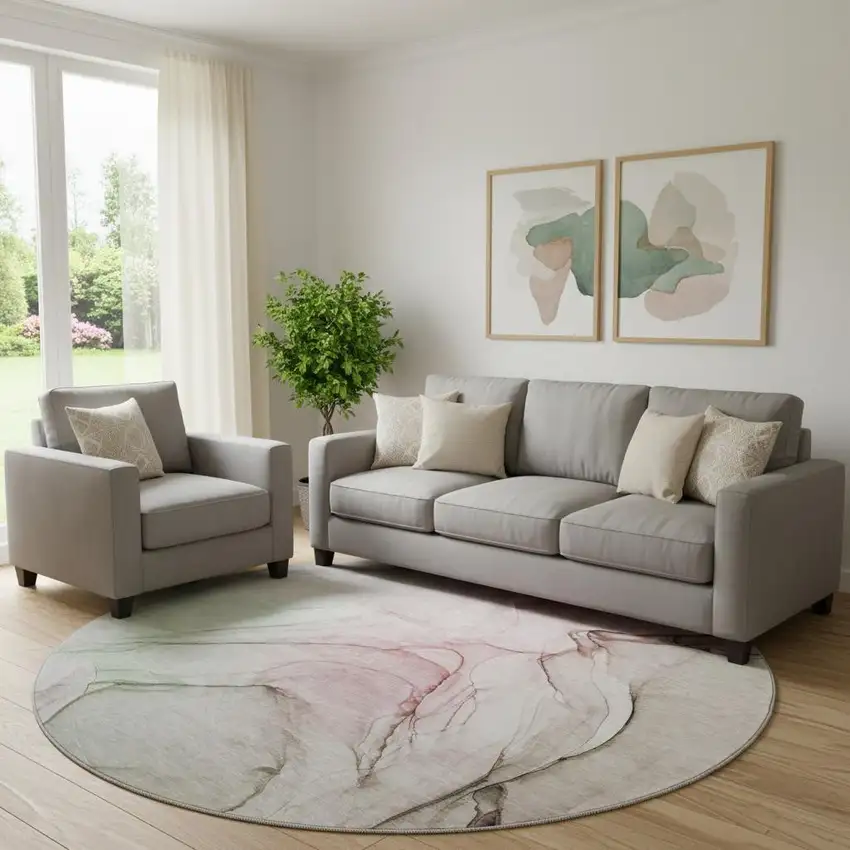 8' Blush And Ivory Abstract Washable Round Rug With UV Protection Photo 1