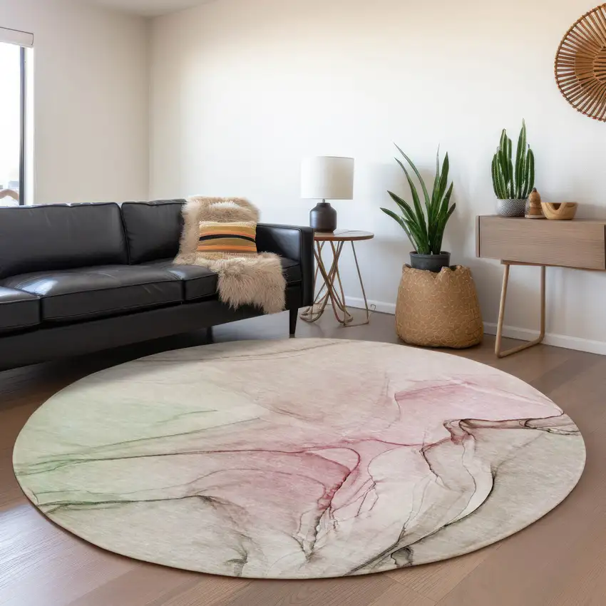 8' Blush And Ivory Abstract Washable Round Rug With UV Protection Photo 5