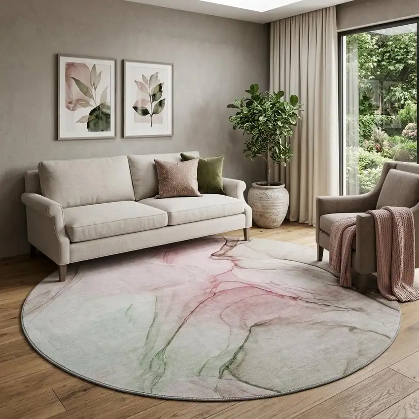8' Blush And Ivory Abstract Washable Round Rug With UV Protection Photo 1