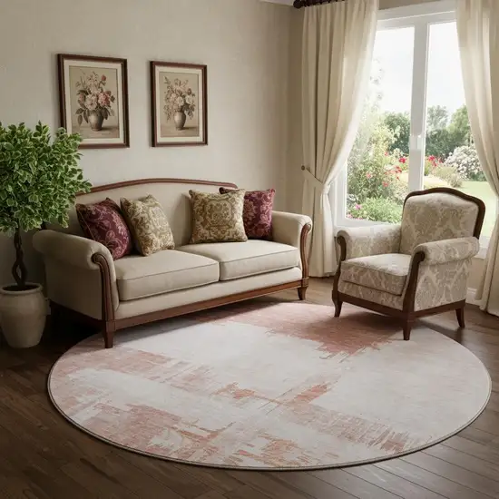 8' Blush And Ivory Abstract Washable Round Rug With UV Protection Photo 1