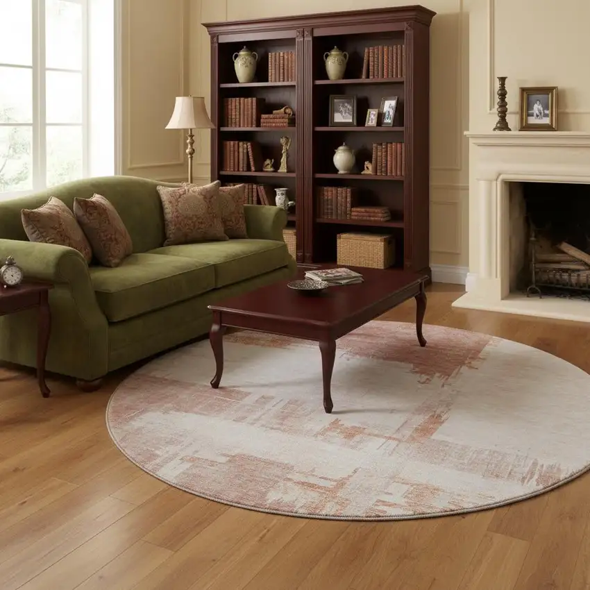 8' Blush And Ivory Abstract Washable Round Rug With UV Protection Photo 2