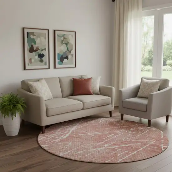 8' Blush And Ivory Abstract Washable Round Rug With UV Protection Photo 1