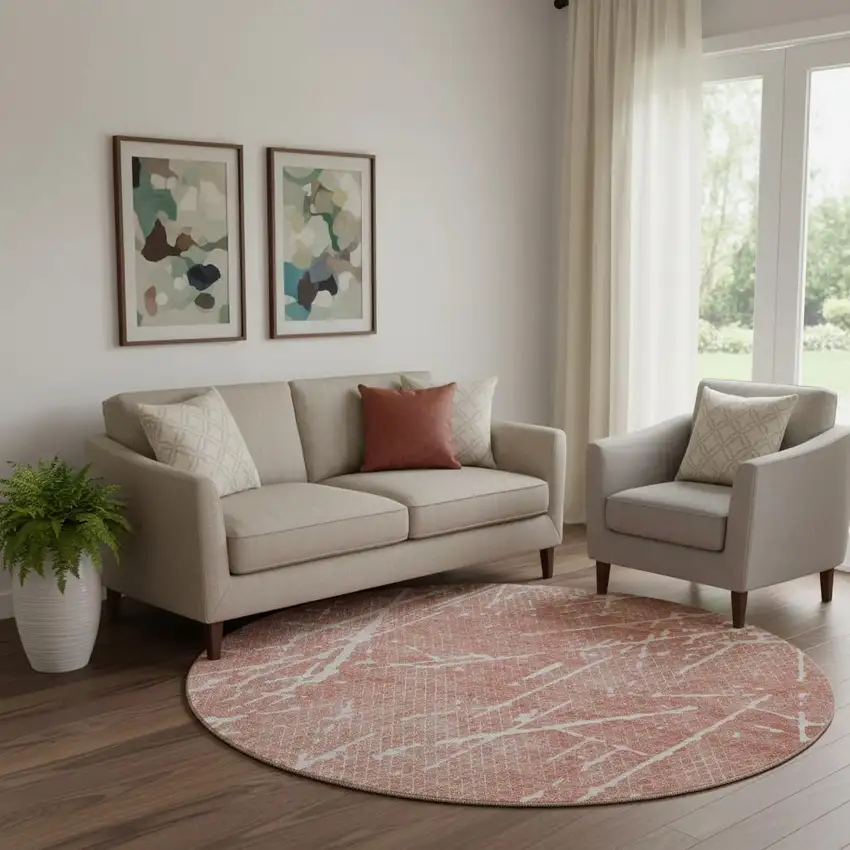 8' Blush And Ivory Abstract Washable Round Rug With UV Protection Photo 1