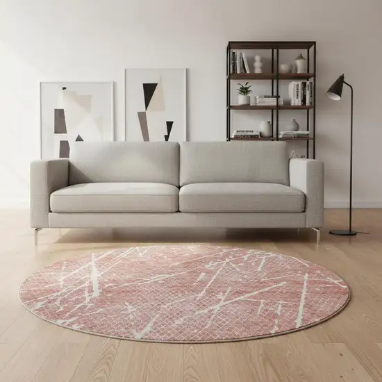8' Blush And Ivory Abstract Washable Round Rug With UV Protection Photo 2