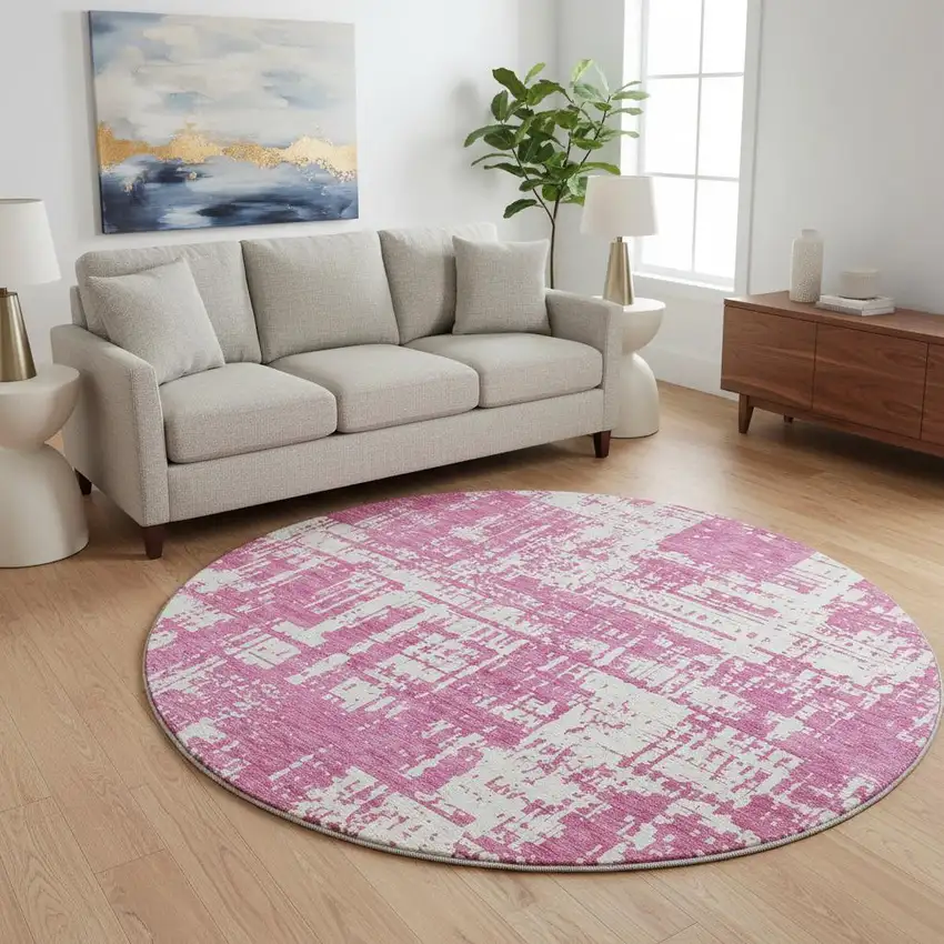 8' Blush And Ivory Abstract Washable Round Rug With UV Protection Photo 2