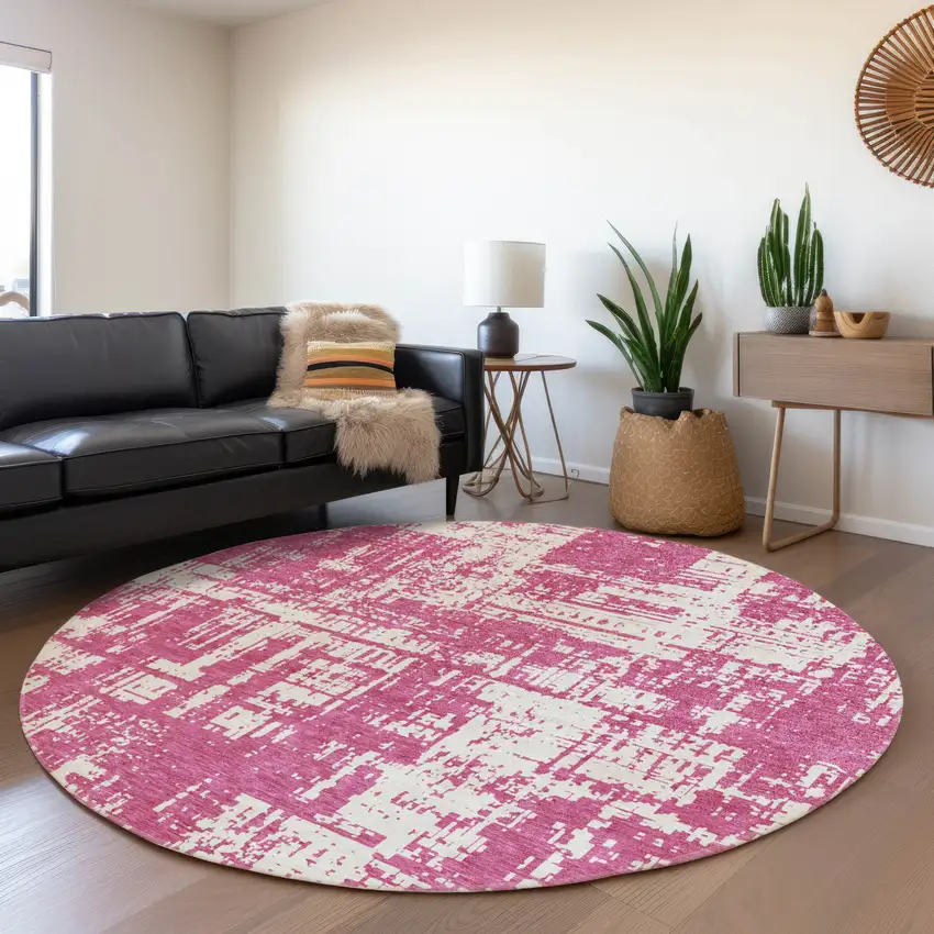 8' Blush And Ivory Abstract Washable Round Rug With UV Protection Photo 5