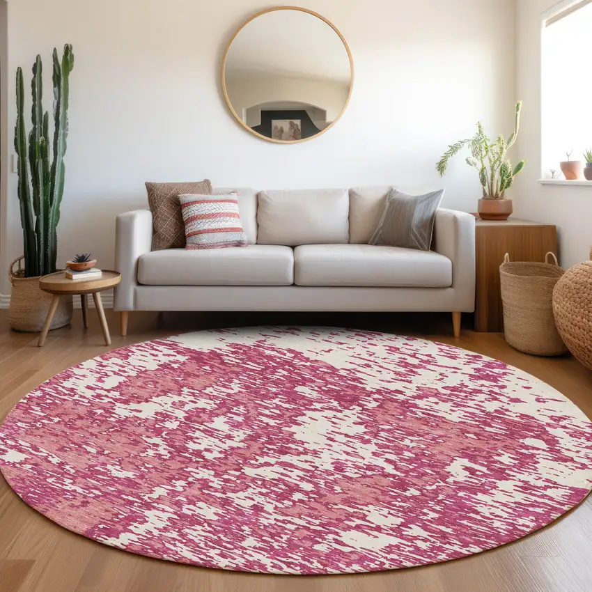 8' Blush And Ivory Abstract Washable Round Rug With UV Protection Photo 4