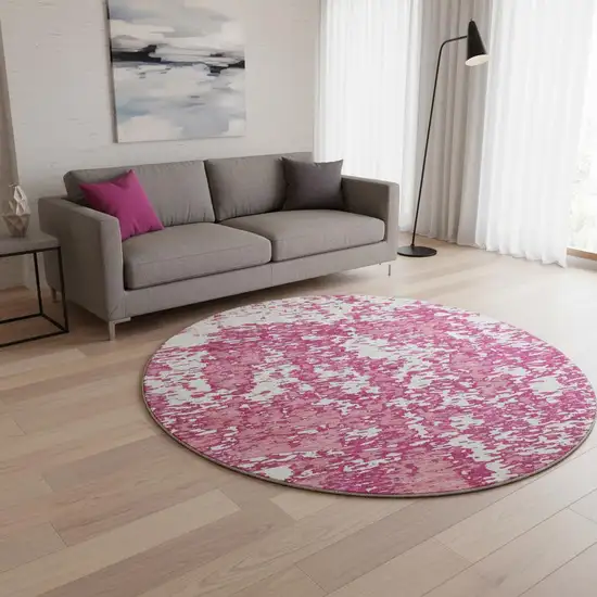 8' Blush And Ivory Abstract Washable Round Rug With UV Protection Photo 2