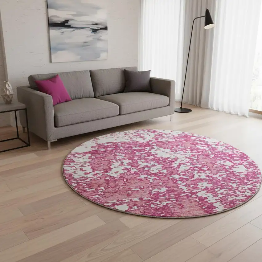 8' Blush And Ivory Abstract Washable Round Rug With UV Protection Photo 2
