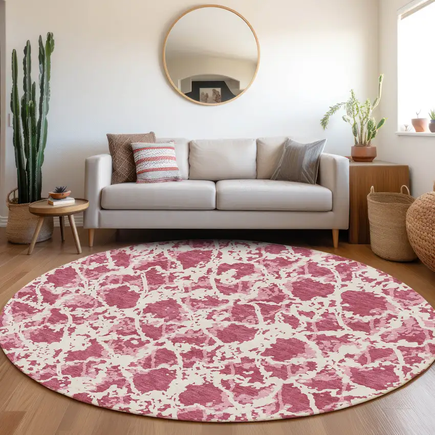 8' Blush And Ivory Abstract Washable Round Rug With UV Protection Photo 4