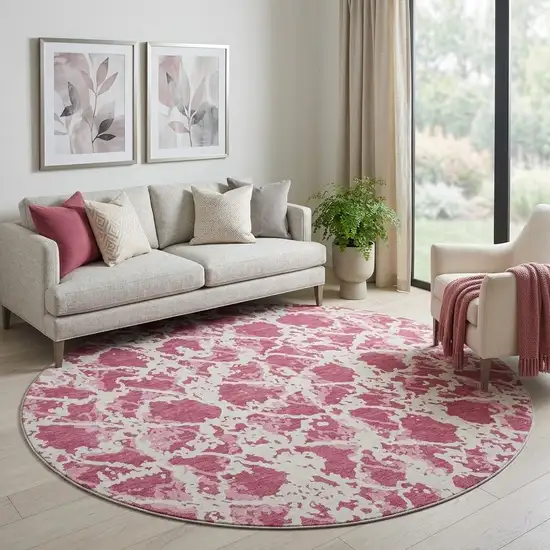 8' Blush And Ivory Abstract Washable Round Rug With UV Protection Photo 1