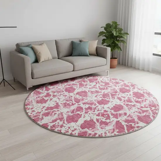8' Blush And Ivory Abstract Washable Round Rug With UV Protection Photo 2