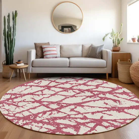 8' Blush And Ivory Abstract Washable Round Rug With UV Protection Photo 4