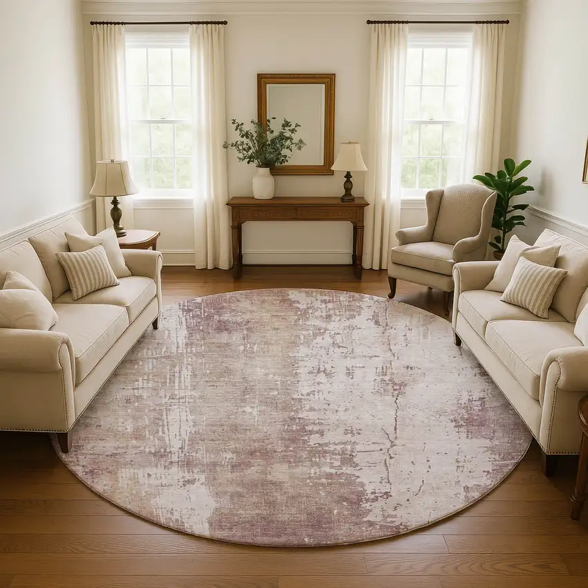 8' Blush And Ivory Abstract Washable Round Rug With UV Protection Photo 4