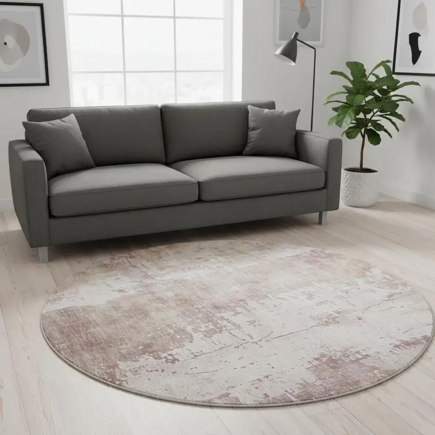 8' Blush And Ivory Abstract Washable Round Rug With UV Protection Photo 2