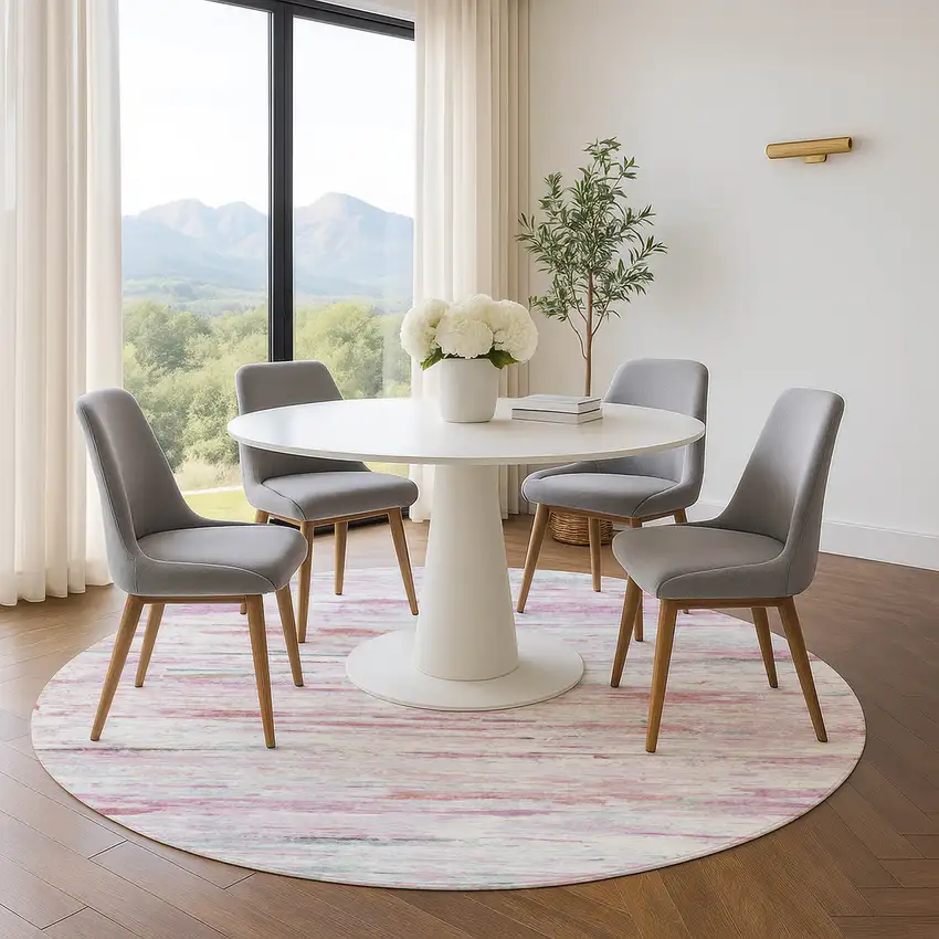 8' Blush And Ivory Abstract Washable Round Rug With UV Protection Photo 5