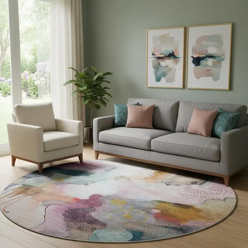 8' Blush And Ivory Abstract Washable Round Rug With UV Protection Photo 2