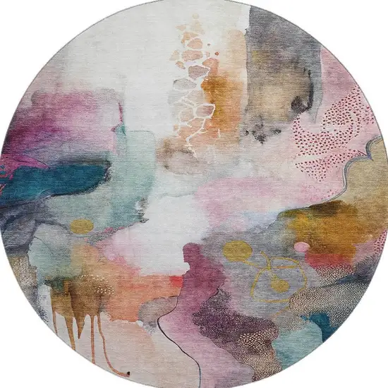 8' Blush And Ivory Abstract Washable Round Rug With UV Protection Photo 4