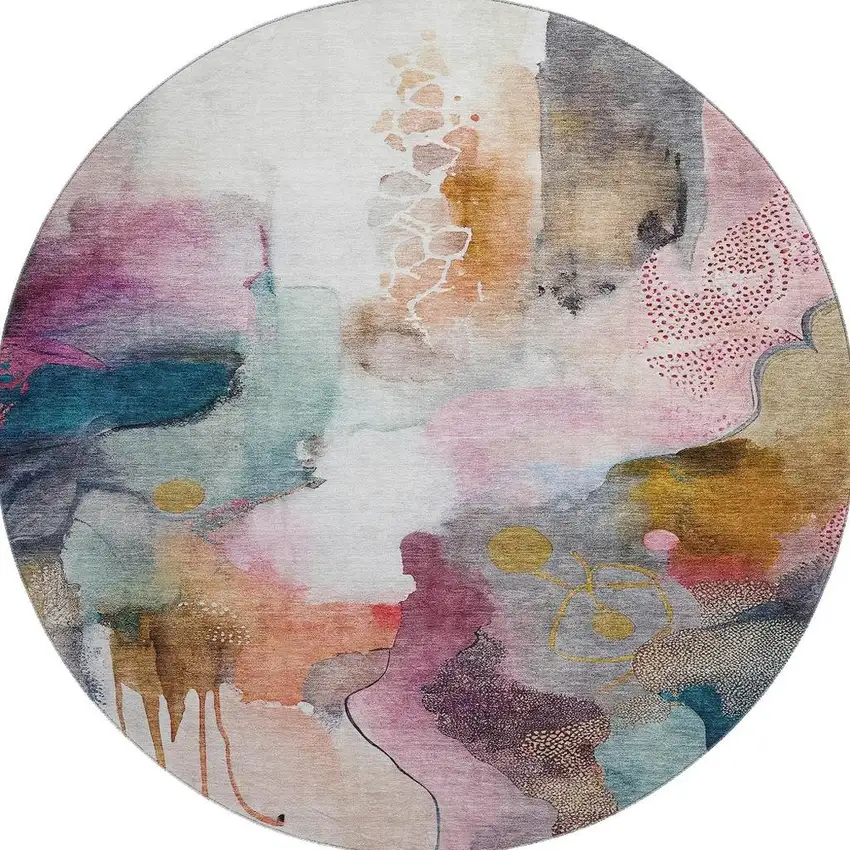 8' Blush And Ivory Abstract Washable Round Rug With UV Protection Photo 4