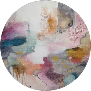 Photo of 8' Blush And Ivory Abstract Washable Round Rug With UV Protection