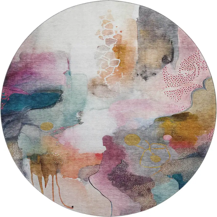 8' Blush And Ivory Abstract Washable Round Rug With UV Protection Photo 1