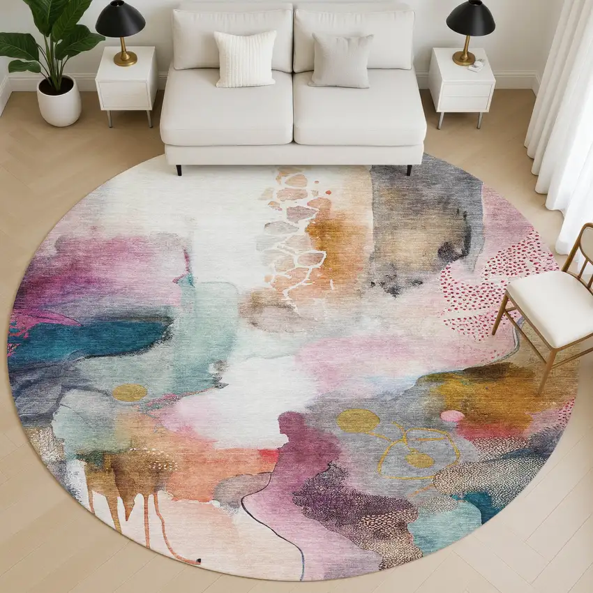8' Blush And Ivory Abstract Washable Round Rug With UV Protection Photo 5