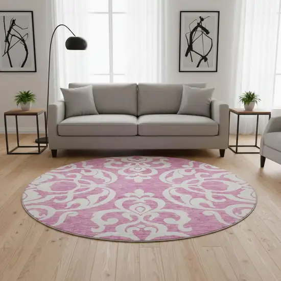 8' Blush And Ivory Damask Washable Round Rug With UV Protection Photo 2