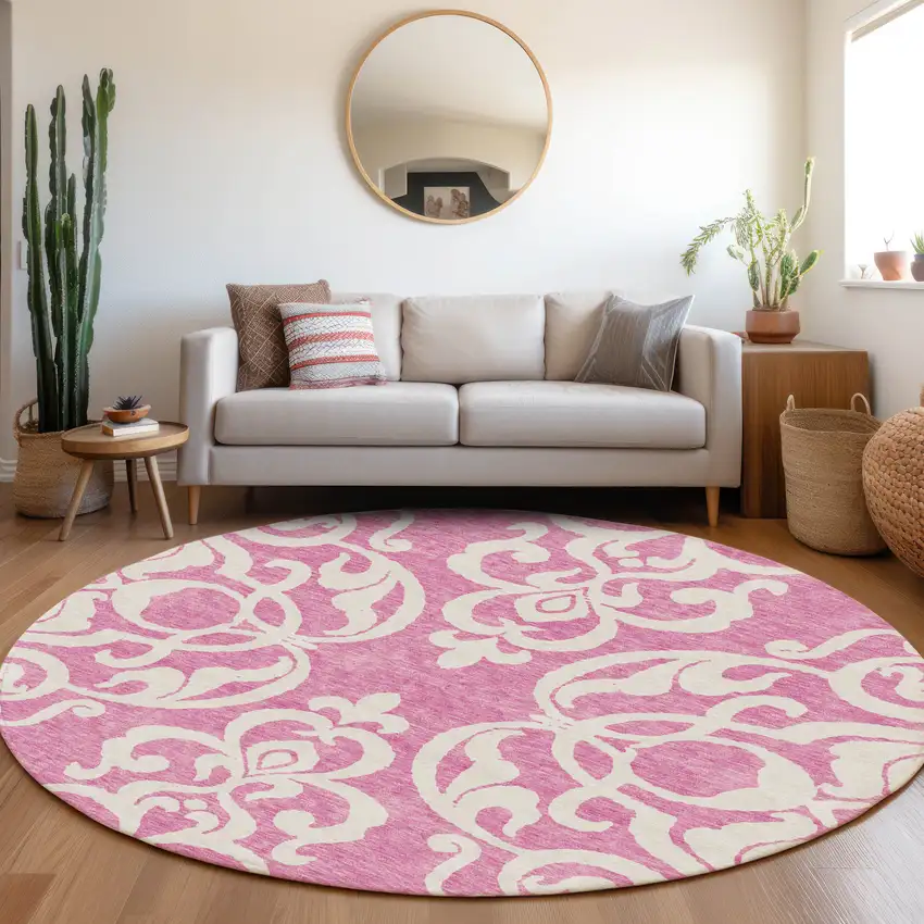8' Blush And Ivory Damask Washable Round Rug With UV Protection Photo 3