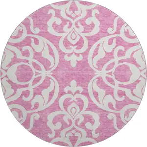 Photo of 8' Blush And Ivory Damask Washable Round Rug With UV Protection