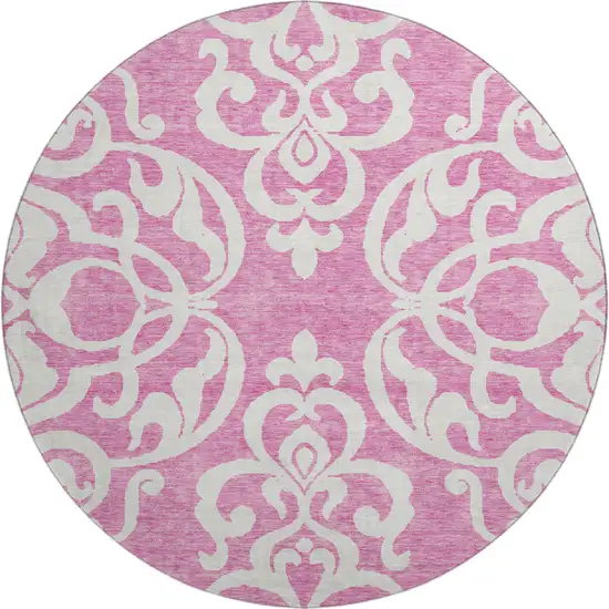 8' Blush And Ivory Damask Washable Round Rug With UV Protection Photo 1