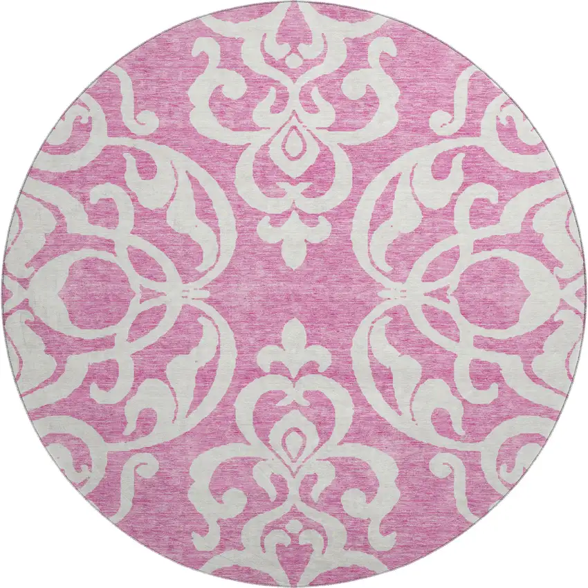 8' Blush And Ivory Damask Washable Round Rug With UV Protection Photo 1
