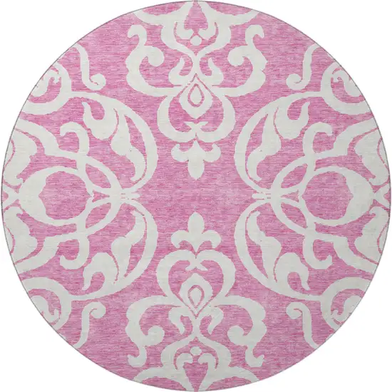 8' Blush And Ivory Damask Washable Round Rug With UV Protection Photo 2
