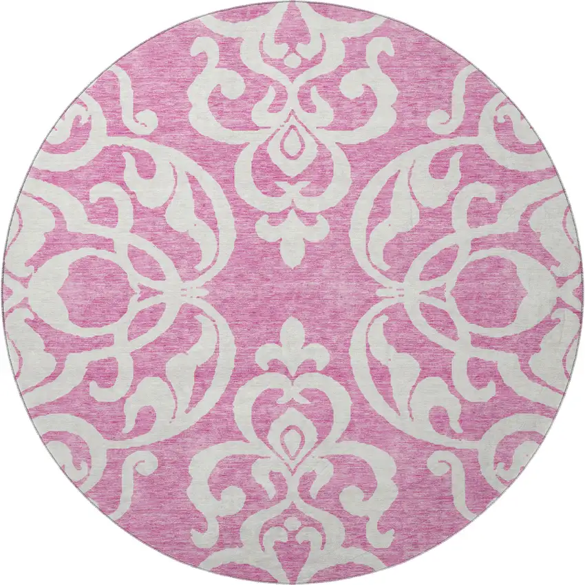 8' Blush And Ivory Damask Washable Round Rug With UV Protection Photo 2