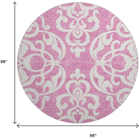 8' Blush And Ivory Damask Washable Round Rug With UV Protection Photo 8