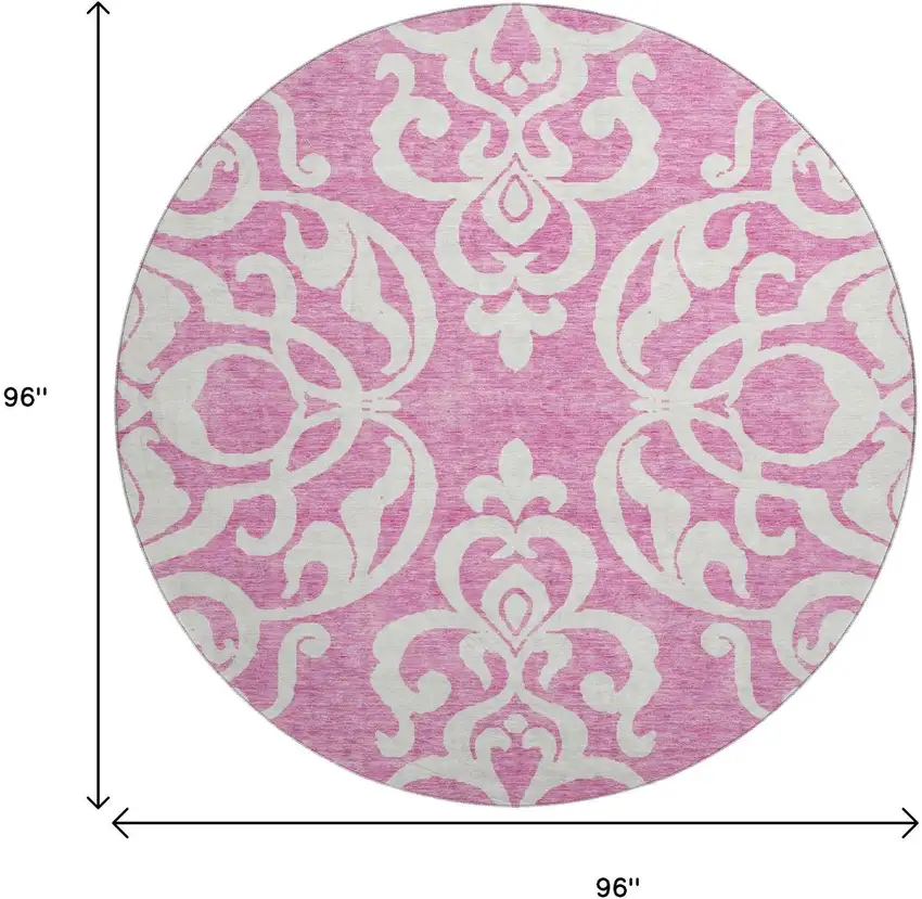 8' Blush And Ivory Damask Washable Round Rug With UV Protection Photo 8