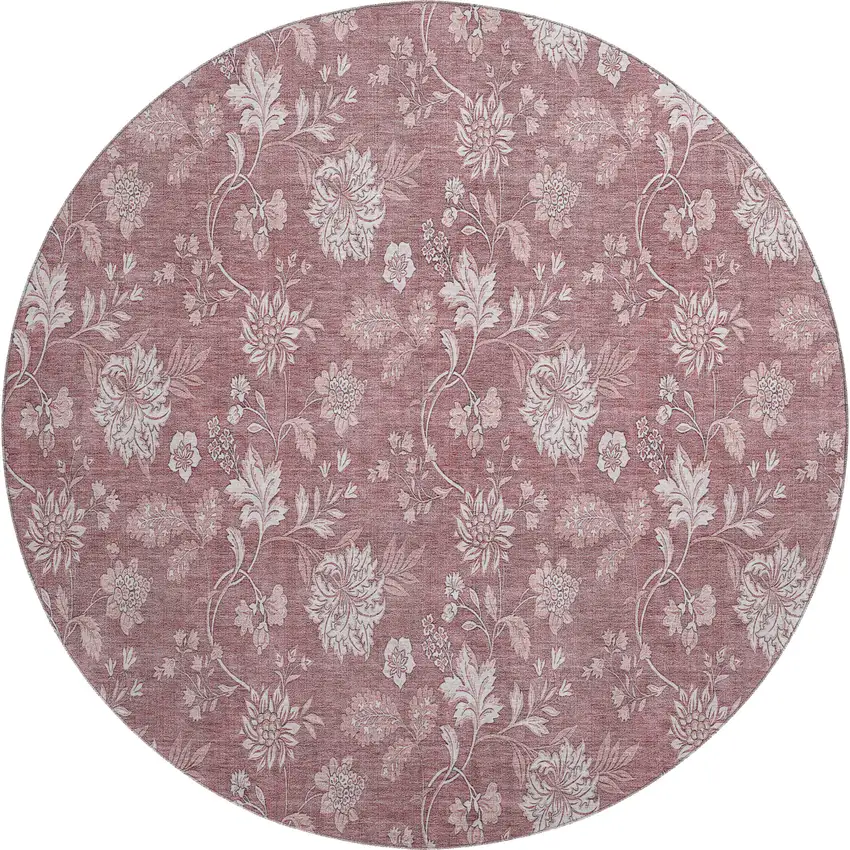 8' Blush And Ivory Floral Washable Round Rug With UV Protection Photo 1