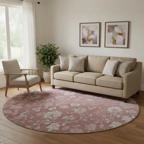 8' Blush And Ivory Floral Washable Round Rug With UV Protection Photo 1