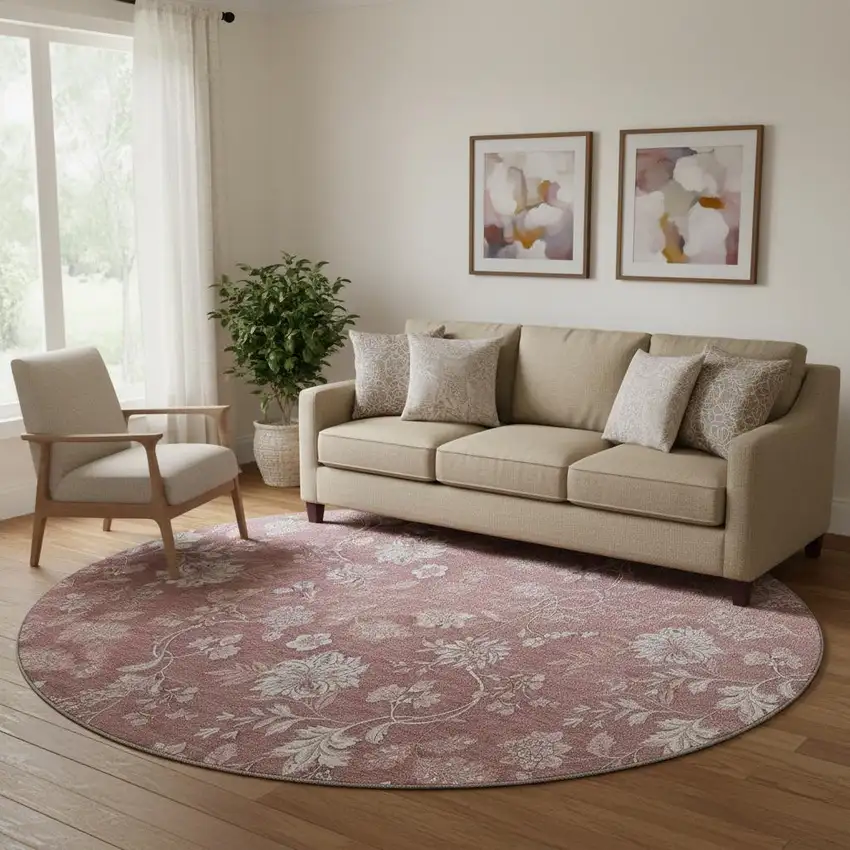 8' Blush And Ivory Floral Washable Round Rug With UV Protection Photo 1