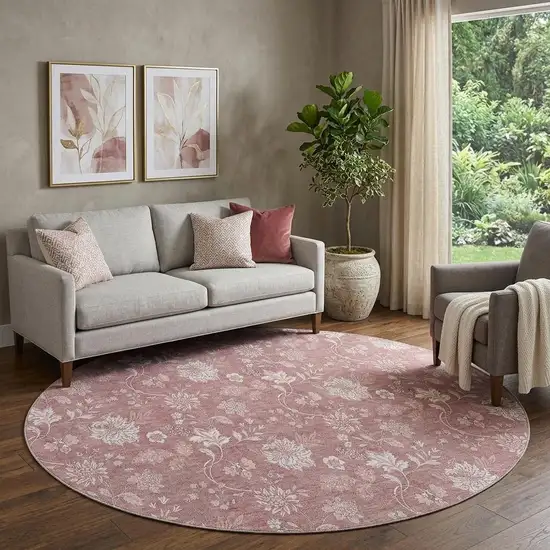 8' Blush And Ivory Floral Washable Round Rug With UV Protection Photo 1