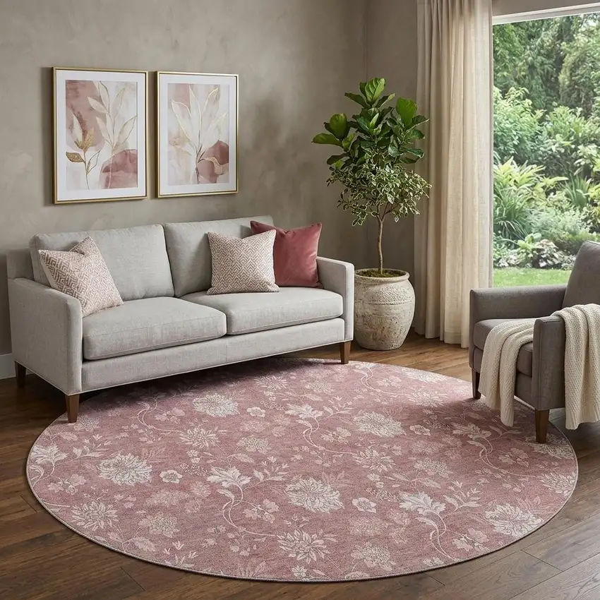 8' Blush And Ivory Floral Washable Round Rug With UV Protection Photo 1