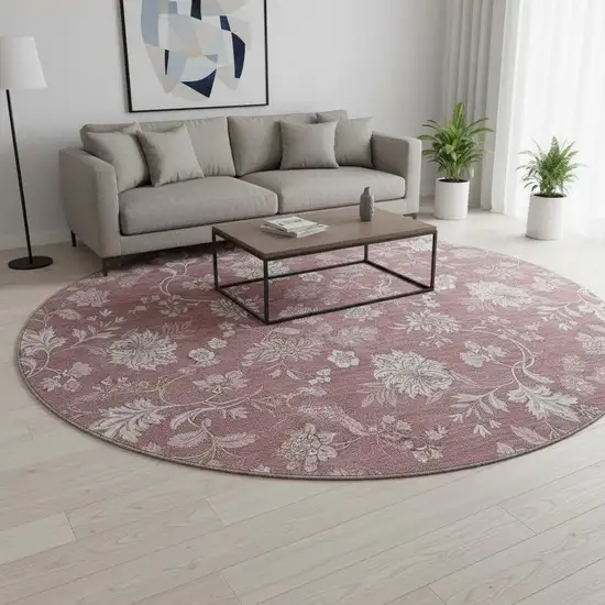 8' Blush And Ivory Floral Washable Round Rug With UV Protection Photo 2