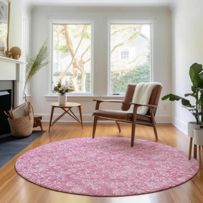 8' Blush And Ivory Floral Washable Round Rug With UV Protection Photo 5