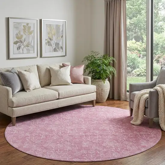 8' Blush And Ivory Floral Washable Round Rug With UV Protection Photo 1