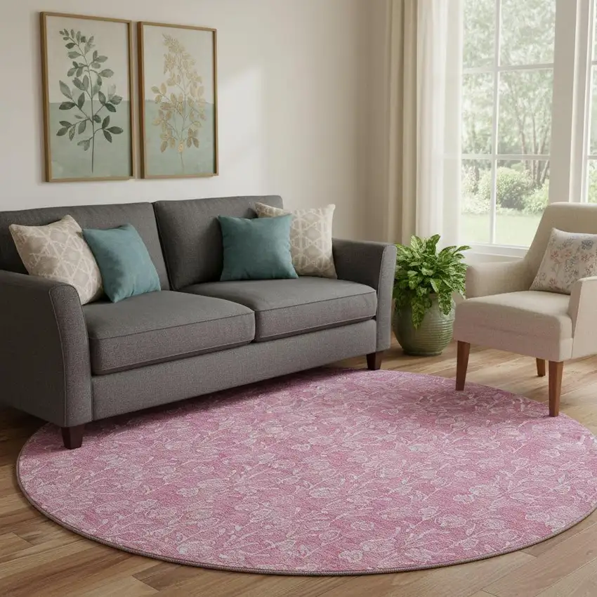 8' Blush And Ivory Floral Washable Round Rug With UV Protection Photo 1