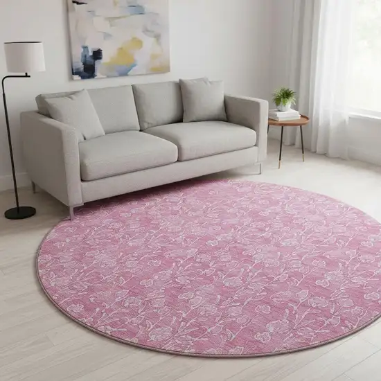 8' Blush And Ivory Floral Washable Round Rug With UV Protection Photo 2