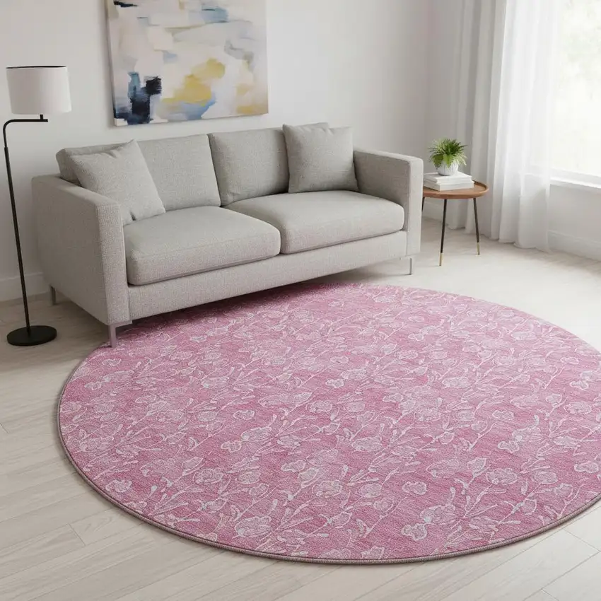 8' Blush And Ivory Floral Washable Round Rug With UV Protection Photo 2