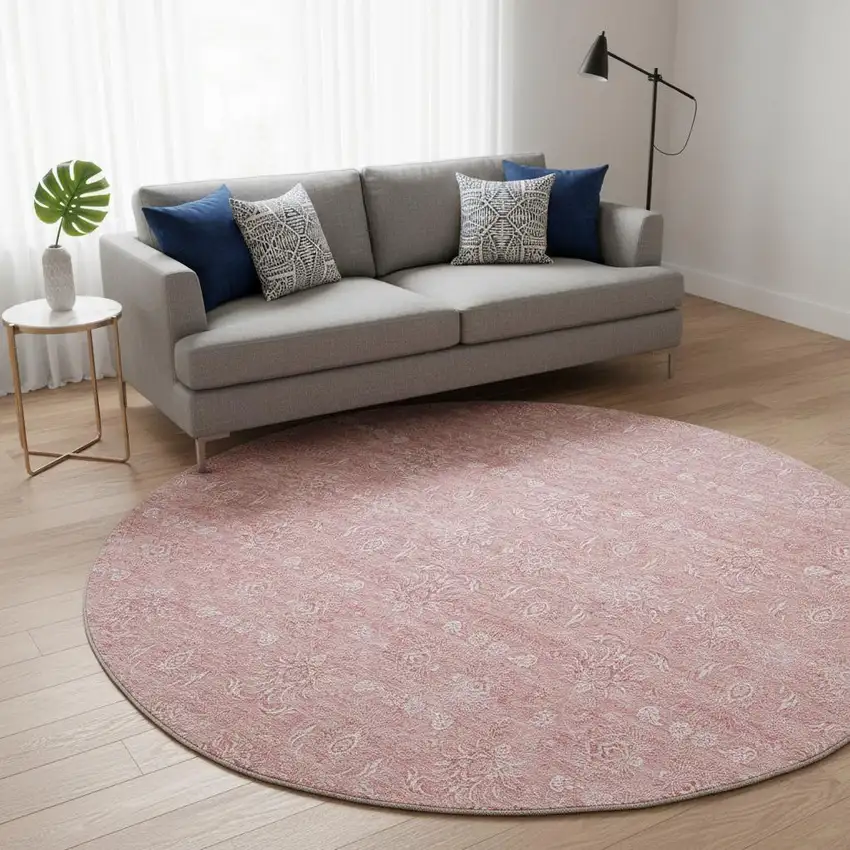 8' Blush And Ivory Floral Washable Round Rug With UV Protection Photo 2