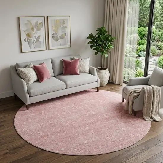8' Blush And Ivory Floral Washable Round Rug With UV Protection Photo 1