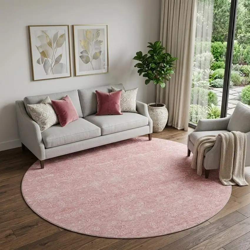 8' Blush And Ivory Floral Washable Round Rug With UV Protection Photo 1